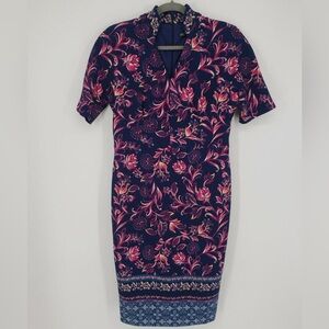 Maggy London Pink and Blue Sheath Dress with Notched Collar